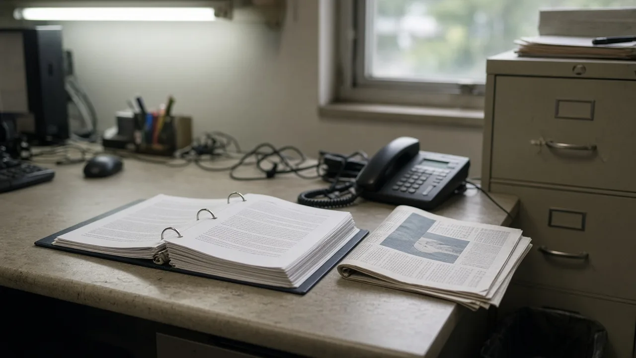 An open three-ring policy binder and a folded newspaper on a desk in a plain government IT office, next to a desk phone and a filing cabinet.